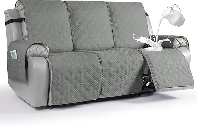 VANSOFY Waterproof Recliner Couch Covers, Sofa Covers 1-Piece Washable Reclining Sofa Cover Non-Slip Furniture Protector with Elastic Straps Pocket for Dogs, Pets(Gray,3 Seater)