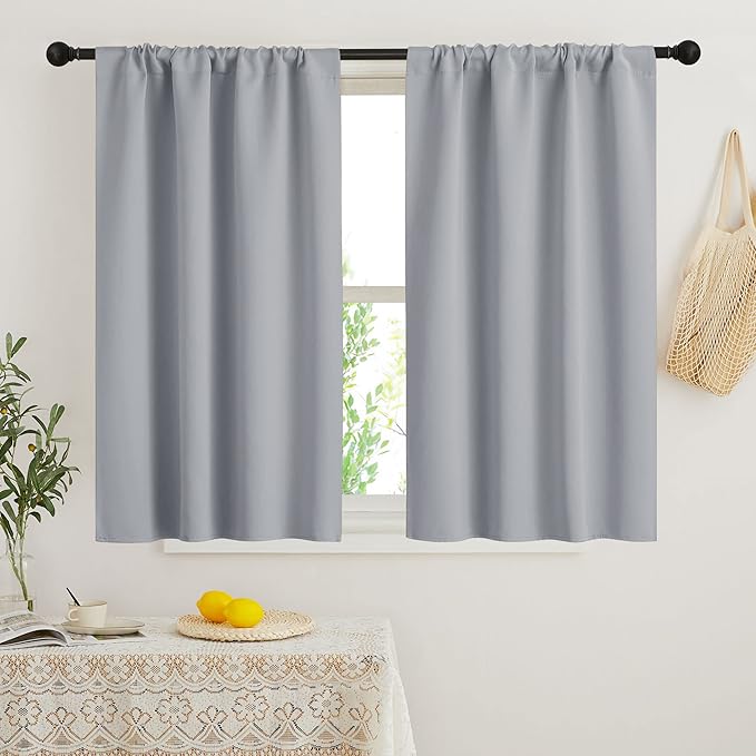 RYB HOME Short Blackout Curtains for Bedroom, Room Darkening Insulated Summer Heat Light UV Blocking Energy Saving Drapes for Nursery, Width 34 by Length 45, Silver Grey, Set of 2