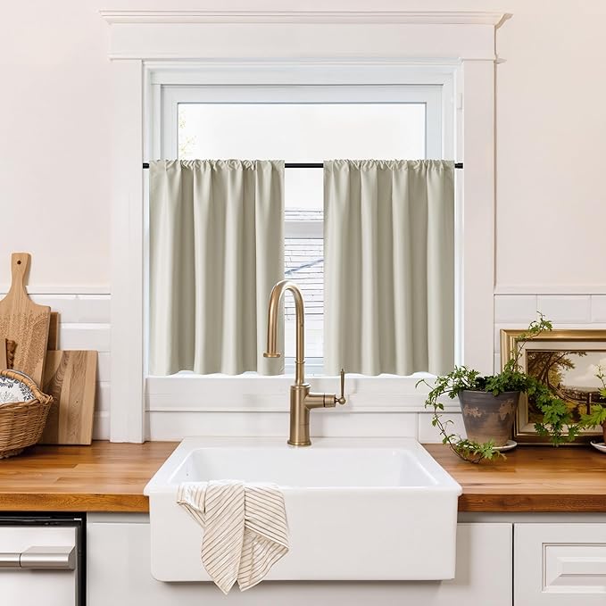 RYB HOME 100% Blackout Bathroom Curtains Over Sink 24 inches Long, Heat & UV Blocking Total Room Darkening Noise Reducing Curtains for Basement RV Campers, Natural, 2 Panels Set