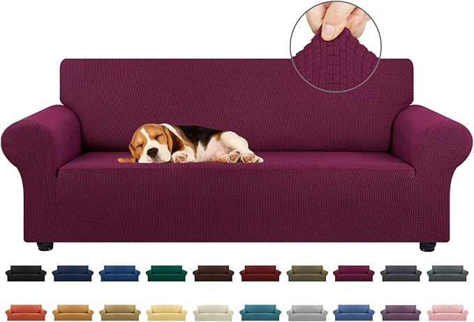 KEKUOU Stretch Sofa Cover Slipcover ，Couch Covers for 3 Cushion Couch Sofa pet Friendly (78"-94") Furniture Protector Sofa with Elastic Bottom for Kids,Dog, Jacquard Small Checked(Large,Wine)