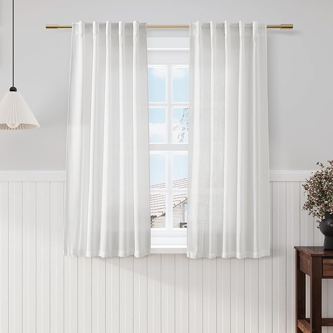 Nanspring Off White Cafe Curtains 54 Inch Length Set 2 Panel Back Tab Pocket Semi Sheer Drapes Short Linen White Curtain Tiers for Small Bathroom Window Basement Kitchen Door 38x54