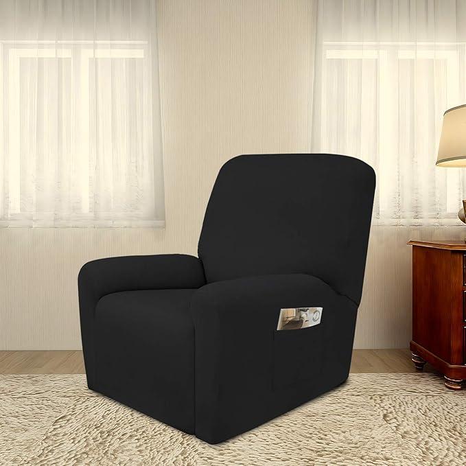 PureFit Super Stretch Recliner Sofa Slipcover with Pocket – Spandex Non Slip Soft Couch Sofa Cover, Washable Furniture Protector with Elastic Bottom for Kids, Pets （Recliner, Black）