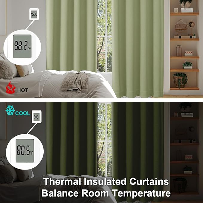 Simplebrand Ava Sage Green Blackout Curtains for Bedroom 63 Inch Length 2 Panels Set, Solid Thermal Insulated Privacy Living Room Window Treatment Curtains Blackout Drapes, W50 x L63 Inch