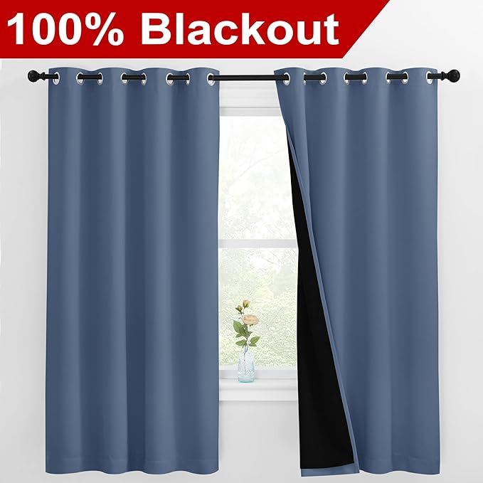 NICETOWN 100% Blackout Curtains with Black Liners, Thermal Insulated Full Blackout 2-Layer Lined Drapes, Energy Efficiency Window Draperies for Bedroom (Stone Blue, 2 Panels, 55-inch W by 68-inch L)