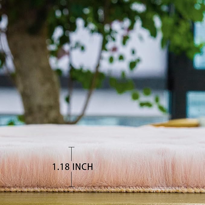 ORINOVA Pink Fuzzy Faux Rabbit Washable Fur Rug for Girls Bedroom 4x6 Shag Area Rugs for Living Room Boho Nursery Rug