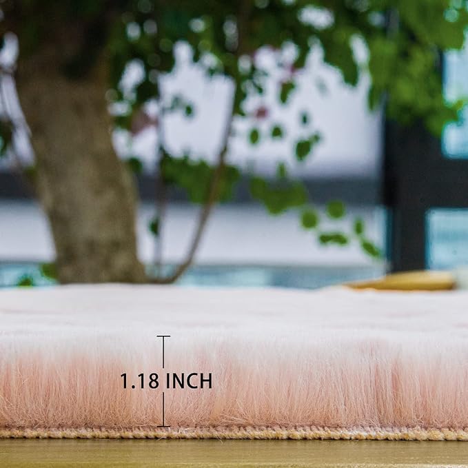 ORINOVA Living Room Rugs 8x10 Area Rugs for Bedroom Pink Shag Washable Faux Rabbit Fluffy Fur Rug Large Boho Nursery Rug