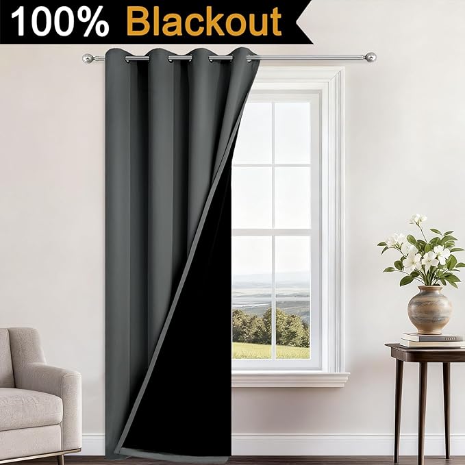 Yakamok 100% Blackout Curtains 84 Inches Long, 2 Thick Layers Heat and Full Light Blocking Soft Thermal Insulated Drapes for Bedroom(52" Wide Each Panel, Dark Grey, 1 Panel)