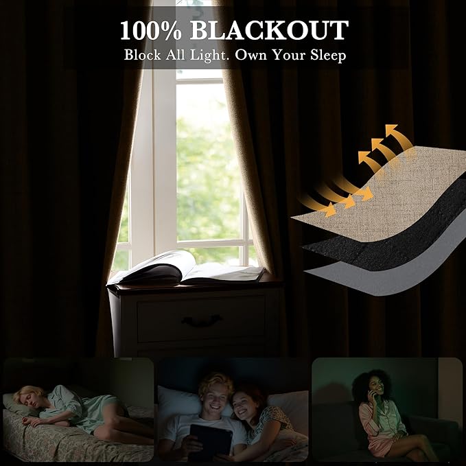 RYB HOME Burlap 100% Blackout Curtains 63 inch Long, Light Blacking & Thermal Insulated Curtains for Nursery/Bedroom/Boys'Room, Back Tab & Rod Pocket Window Treatment, W52 x L63, 2 Panels