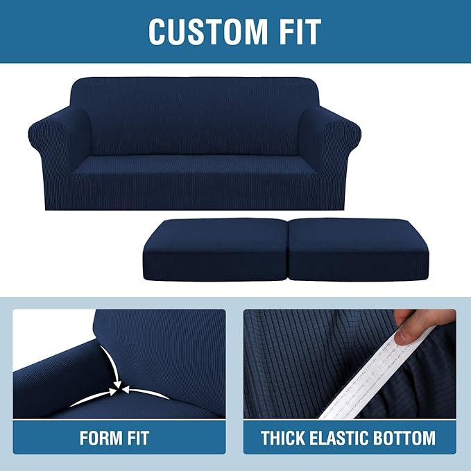 H.VERSAILTEX 3 Piece Stretch Sofa Covers for 2 Cushion Sofa Couch Covers for Living Room Sofa Slipcovers (Base Cover Plus 2 Seat Cushion Covers) Thicker Jacquard Fabric(Large Sofa, Navy)