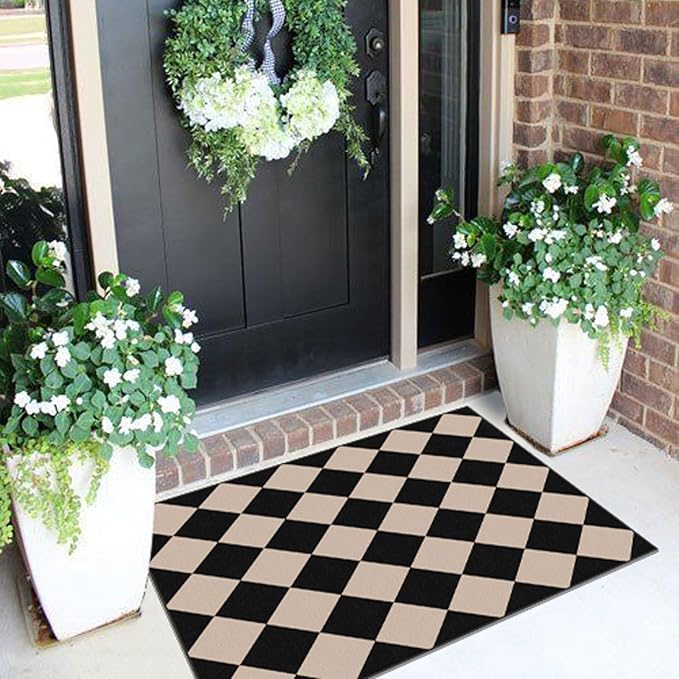 Front Door Mat Outside Entrance - 2x3 Black Tan Non-Slip Washable Doormat Indoor Outdoor Mat Entry Rug Geometric Diamond Small Throw Rugs for Entryway Kitchen Front Porch Decor