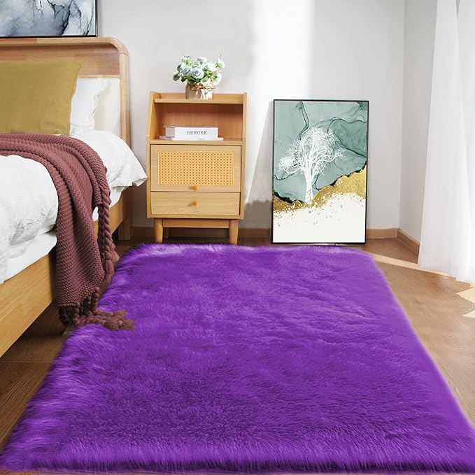 Goolela Purple Sheepskin Rug 4x6 Fluffy Fuzzy Furry Carpet for Bedroom Bedside Faux Fur Soft Shaggy Plush Rectangle
