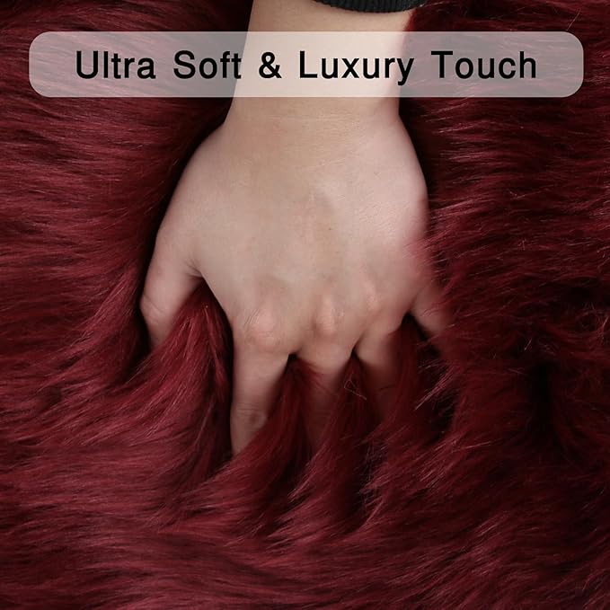 duduta Burgundy Faux Sheepskin Runner Rug 2x6 ft, Fluffy Shag Bedroom Dorm Rug Decor Fur Seat Couch Covers Washable