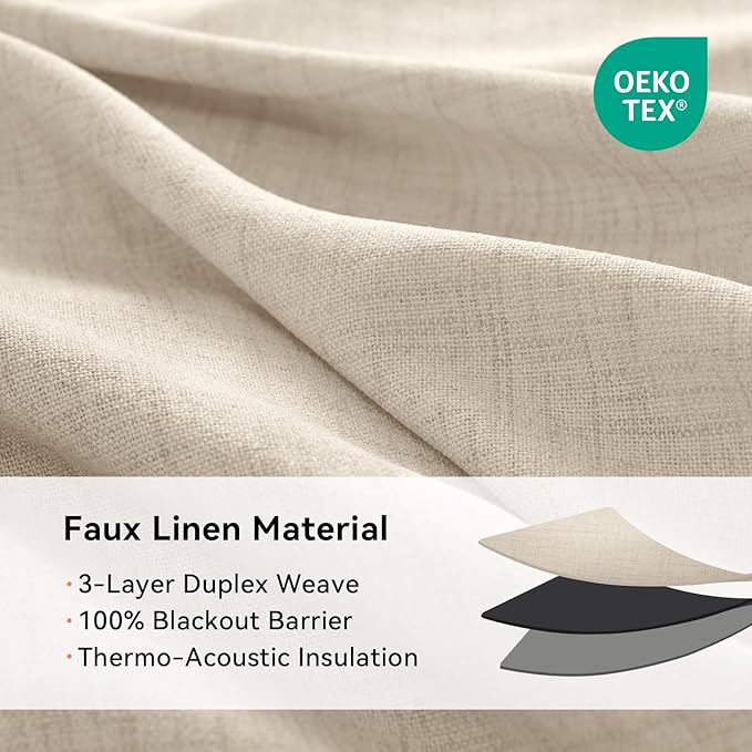 100% Blackout Shield Linen Blackout Curtains for Bedroom, Natural Flax Grommet Curtains for Living Room, Thermal Insulated Room Darkening Drapes for Nursery, Boho Home Decor, 50" W x 108" L, 2 Panels