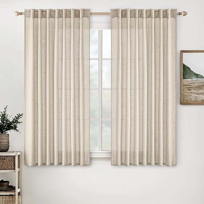 MIULEE Beige Linen Curtains 63 Inch Length 2 Panels for Bedroom Living Room, Soft Linen Textured Window Drapes Semi Sheer Light Filtering Back Tab Rod Pocket Farmhouse Modern Burlap Look Decor