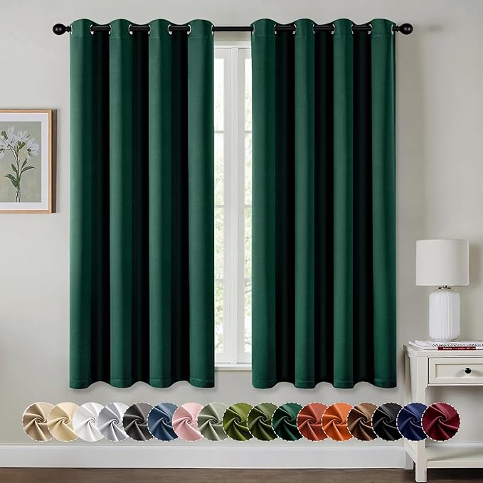MIULEE Hunter Green Blackout Curtains for Bedroom Living Room 63 Inches Long 2 Panels, Thermal Insulated Room Darkening Drapes Solid Grommet Noise Reduction Light Blocking Window Treatments 50x63 Inch