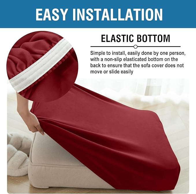 Couch Cover 8-Piece Elastic Velvet Couch Cushion Covers & Chaise Slipcovers for L-Shaped Sofas, Sofa Seat Covers Washable, Soft Cover for Couches (7 Seater + Chaise, Christmas Red)