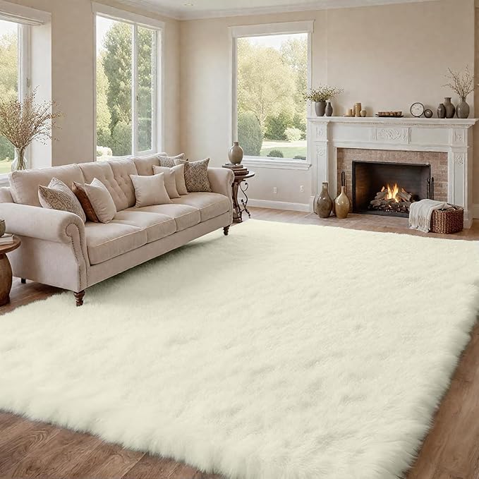 8x10 Area Rugs for Living Room Rug: Soft Fluffy Shag Cream White Rugs for Bedroom, Non-Slip Large Fuzzy Plush Rug Indoor Floor Carpet for Nursery Kids Boys Girl Room, Dorm, Playroom, Modern Home Decor