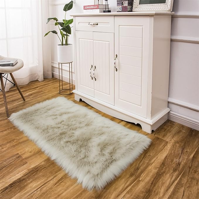 EasyJoy Ultra Soft Fluffy Shaggy Area Rug Faux Fur Rug Chair Cover Seat Pad Fuzzy Area Rug for Bedroom Floor Sofa Living Room (2 x 4 ft Rectangle, Beige)