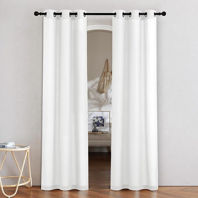 NICETOWN White Linen Doorway Curtains 80 inches Long, Grommet Thick Linen Weave Semi Sheer Window Treatments Privacy Assured with Light Filtering for Bedroom/Side Door, W34 x L80