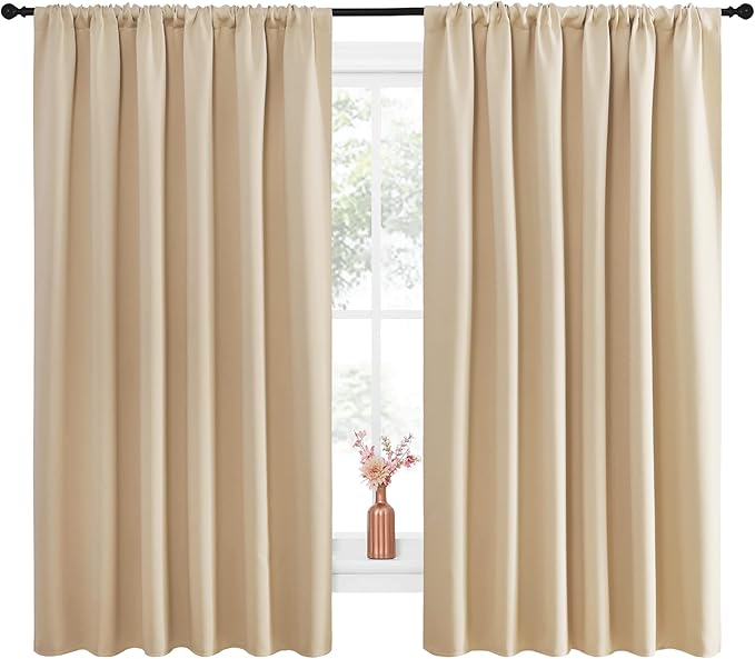 NICETOWN Room Darkening Curtains for Bedroom - Triple Weave Home Decoration Thermal Insulated Solid Drapes for Kitchen (Biscotti Beige, Set of 2 Panels, 70 x 63 Inch)