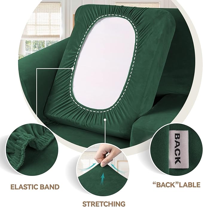WEERRW 4 Pieces Velvet High Stretch Couch Covers for 3 Cushion Couch Sofa Slipcovers, Washable Furniture Protector with Non Slip Elastic Bottom, Feature Soft Plush Fabric, Emerald Green, Large