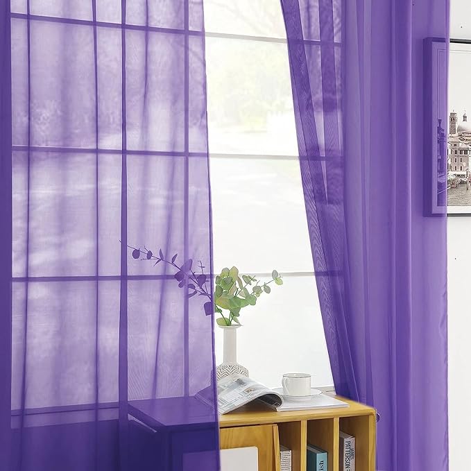 SpaceDresser Sheer Voile Window Treatment Rod Pocket Curtain Panels for Kitchen Bedroom Living Room Drapes Sunlight Filtering Privacy Semi Home Decor Assorted (Purple, 52 W x 90 L)