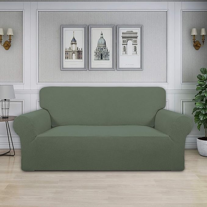 Easy-Going Stretch Oversized Loveseat Slipcover 1-Piece Sofa Cover Furniture Protector Couch Soft with Elastic Bottom for Kids Polyester Spandex Jacquard Fabric Small Checks Greyish Green