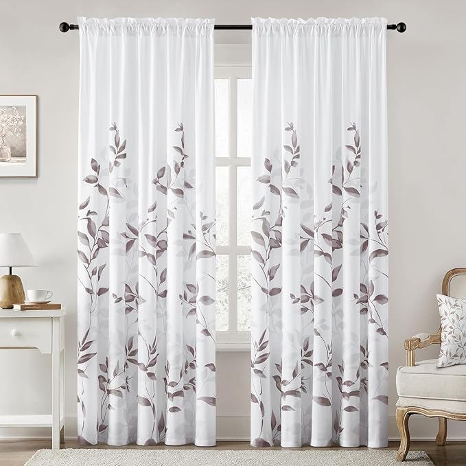 HOMEIDEAS Non-See-Through Dry Rose and White Privacy Sheer Curtains 52 X 96 Inch Length 2 Panels, Leaf Floral Printed Light Filtering Semi Sheer Window Curtains Drapes for Bedroom Living Room