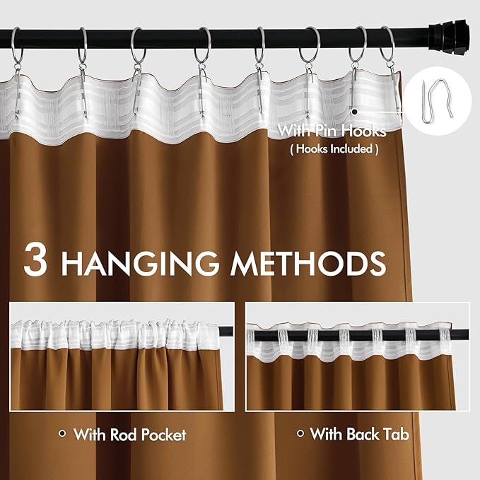 MIULEE Golden Brown Back Tab Blackout Curtains 90 Inches Long 2 Panels Set for Living Room Bedroom Privacy, Rod Pocket/Pinch Pleat Thermal Insulated Room Darkening Pleated Light Blocking Drapes