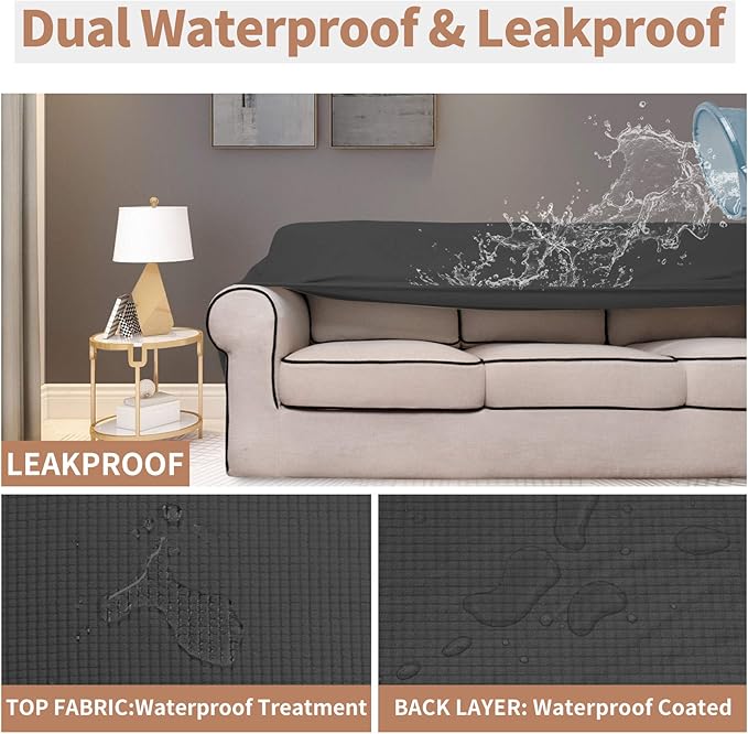 Easy-Going 100% Waterproof Couch Cover, Dual Waterproof Sofa Cover, Stretch Jacquard Sofa Slipcover, Leakproof Furniture Protector for Kids, Pets, Dog and Cat (Oversized Sofa, Dark Gray)