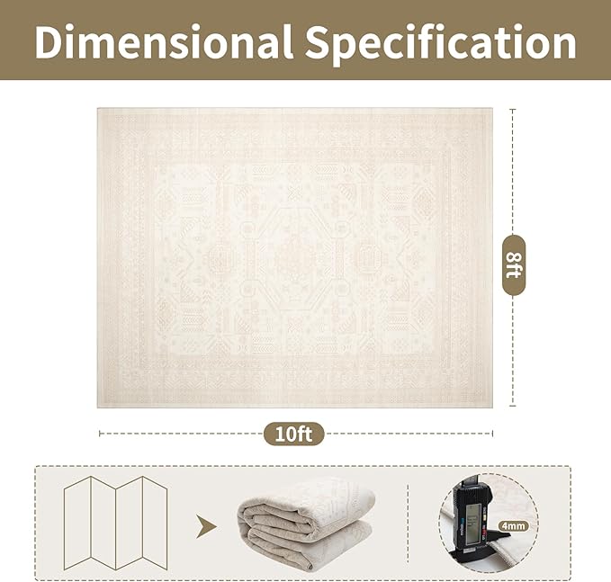 Washable Rugs 8x10 Area Rugs for Living Room- Large Vintage Rugs for Bedroom,Dining Room,Ultra Soft Low Pile Foldable Carpet with Non Slip Rubber Backing,Neutral Accent Rug(Light Brown)