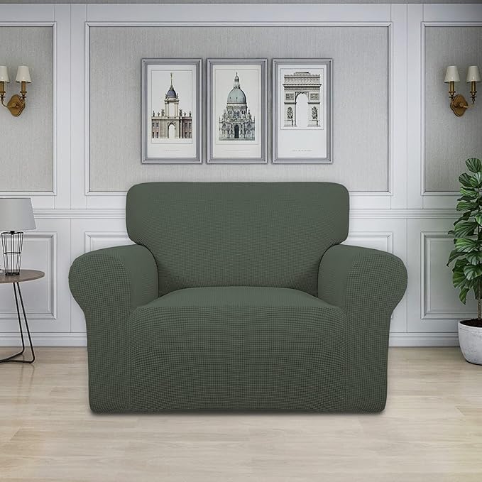 Easy-Going Stretch Oversized Chair Sofa Slipcover 1-Piece Couch Sofa Cover Furniture Protector Soft with Elastic Bottom for Kids Spandex Jacquard Fabric Small Checks Olive Green