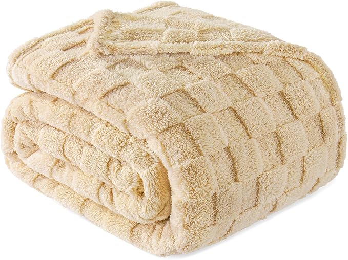 Exclusivo Mezcla Queen Size Flannel Fleece Blanket, Super Soft and Warm Lightweight Checkered Pattern Blankets for All Seasons, 90x90 Inches, Beige
