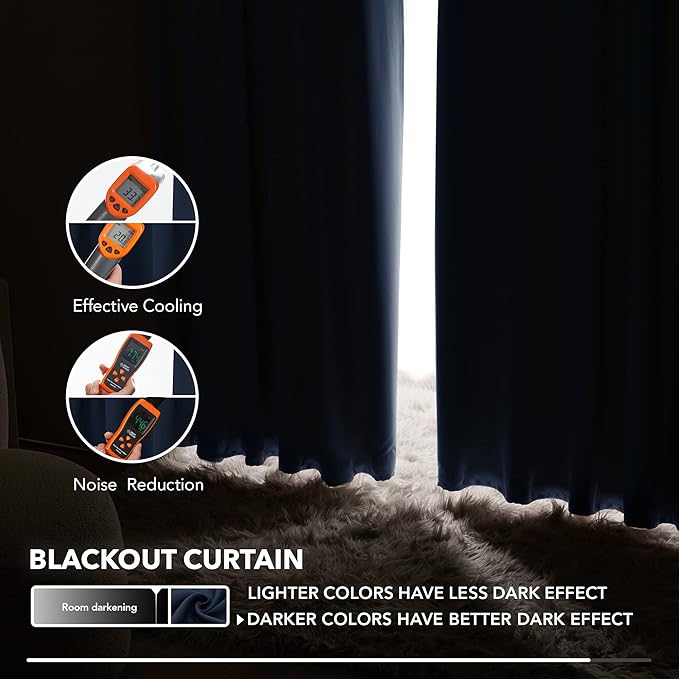 Deconovo Blackout Curtains, Thermal Insulated, W52 x L63 2 Panels, Back Tab, Machine Washable, Room-Darkening Drapes for Bedroom/Living Room Navy Blue