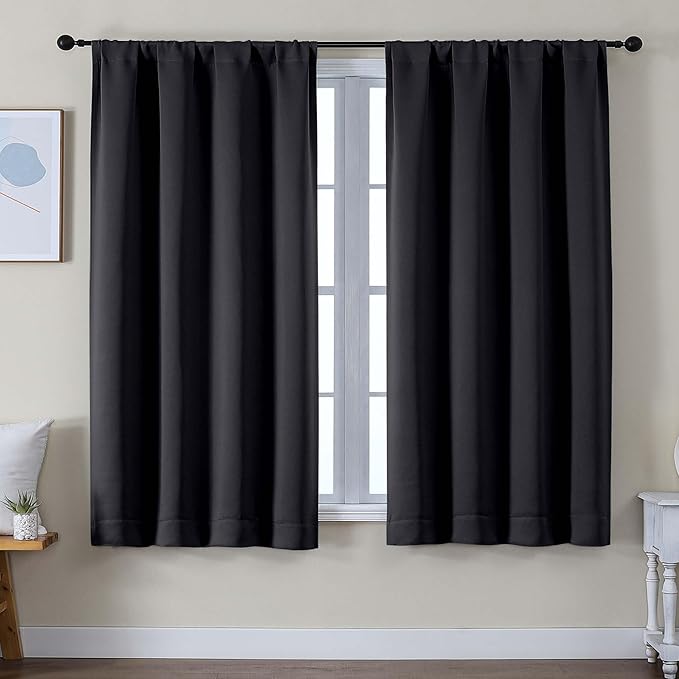 Simplebrand Ava Black Blackout Curtains for Bedroom 63 Inch Length 2 Panels Set, Solid Thermal Insulated Privacy Living Room Window Treatment Curtains Blackout Drapes, W50 x L63 Inch