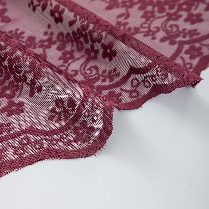 YJ YANJUN Vintage Lace Curtains 72 Inch Length -Dark Maroon Curtains for Bedroom Retro Floral Voile Sheer Panels with Scalloped Edge Rod Pocket Privacy Farmhouse 60s 70s Decor Burgundy W52 X L72