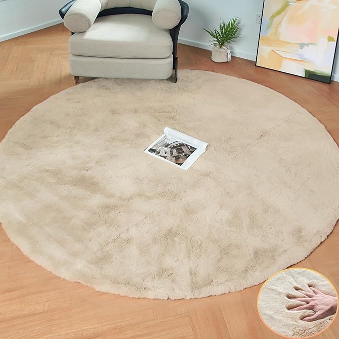 ORINOVA Light Brown Beige Washable Shaggy Round Rug 5ft Faux Rabbit Fur Rugs for Living Room Circle Nursery Rug for Bedroom Girl Room Décor