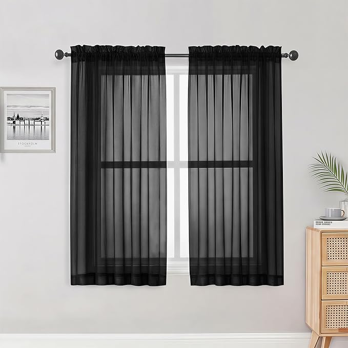 OWENIE Sheer Curtains, Black Sheer Curtains 50 Inch Length 2 Panels Set, Rod Pocket Voile Fimly Sheer Drapes for Living Room Bedroom, 2pcs, Black, Each 42" W x 50" L