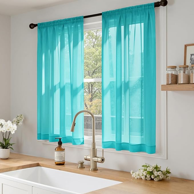 MIULEE Turquoise Sheer Curtains 63 Inches Long, 4 Panels Set, Light Filtering Rod Pocket Voile Drapes for Living Room and Bedroom, Airy Soft Fabric Window Treatments, 42 x 63 Inches