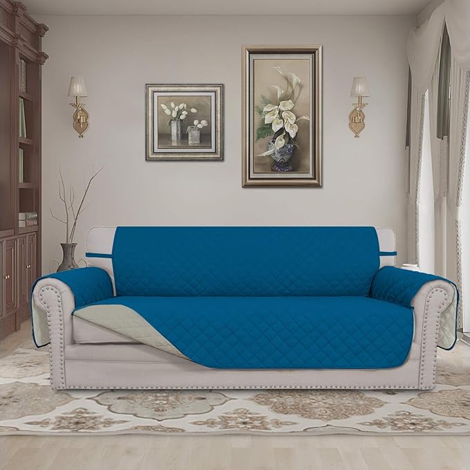 Easy-Going 4 Seater Sofa Slipcover Reversible Sofa Cover Water Resistant Couch Cover with Foam Sticks Elastic Straps Furniture Protector for Pets Children Dog Cat (XX-Large, PeacockBlue/Beige)