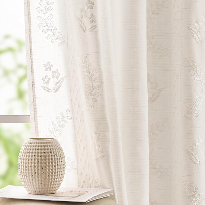jinchan Belrose Linen Curtains for Bedroom Floral Curtains 84 Inch Length Linen Blend White Embroidered Drapes Farmhouse Flower Patterned Drapes for Living Room Window Treatments Set 2 Panels