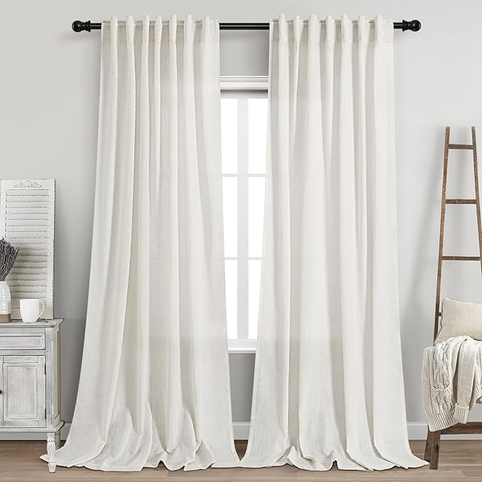 Nanspring Beige White Linen Curtains for Living Room 92 Inches Long Back Tab and Rod Pocket Light Filtering Semi Sheer Curtain Rustic Farmhouse Decor Luxury Drapes for Bedroom Office 52x92, 2 Panels