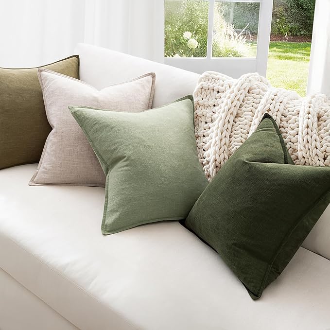 MIULEE Green and White Pillow Covers Pack of 4 Decorative Natural Solid Throw Pillow Covers Soft Accent Boho Farmhouse Couch Pillowcases Modern Spring Decor for Living Room Bed Sofa 18x18 Inch