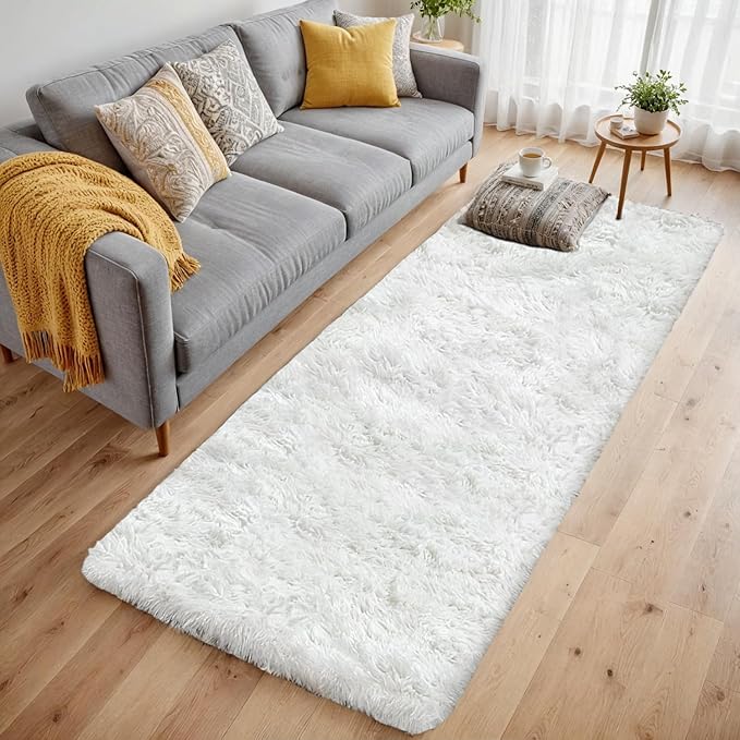 2x6 Bedside Area Rugs for Bedroom: Soft Fluffy Shag White Rug for Hallway, Non-Slip Fuzzy Plush Living Room Rug Indoor Floor Carpet for Kids Rooms, Dorm, Nursery, Modern Home Aesthetic Decor