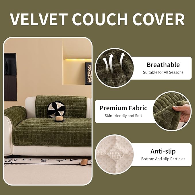 Velvet Couch Cover, Washable Sectional Sofa Cover, Anti Slip Sofa Slipcover for 3 Cushion Couch Sofa L Shaped Armrest Backrest, Furniture Protector Covers for Pets Kids(1PC,Green,36"×36")
