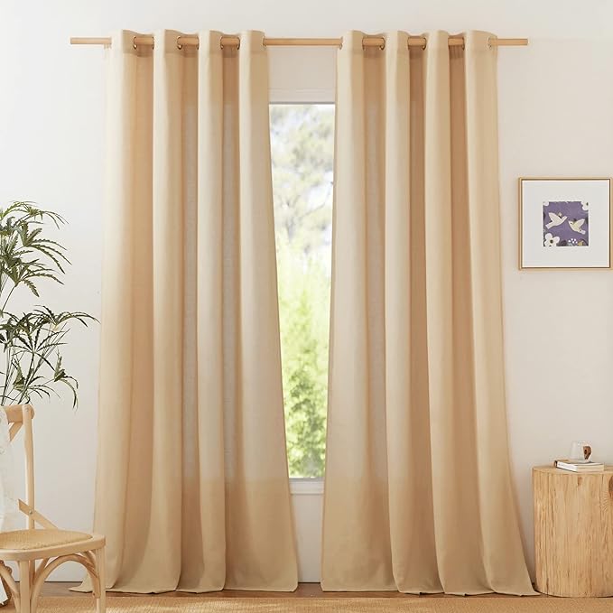 NICETOWN Linen Flax Semi Sheer Curtains 94" Length, Grommet Window Treatments Privacy Added with Light Penetration Vertical Drapes for Loft/Home Office, Burlap, W55 x L94, 2 Panels
