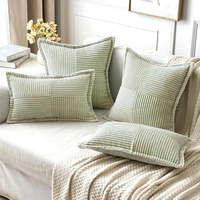 MIULEE Spring Decorative Throw Pillow Covers for Couch Bed Livingroom 20x20 Inch Set of 2 Light Green Boho Accent Throw Pllows Broadside Striped Patchwork Soft Corduroy Summer Pillowcases