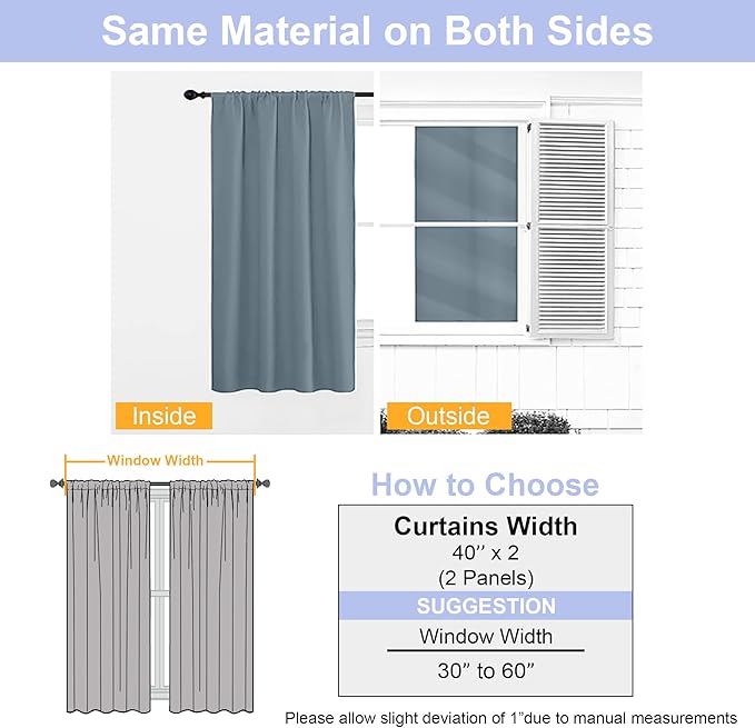 Simplebrand Ava Stone Blue Short Blackout Curtains for Bedroom 54 Inches Long 2 Panels Set, Solid Thermal Insulated, Energy Saving Window Treatment Curtains Blackout Drapes, W40 x L54 Inch, Stone Blue
