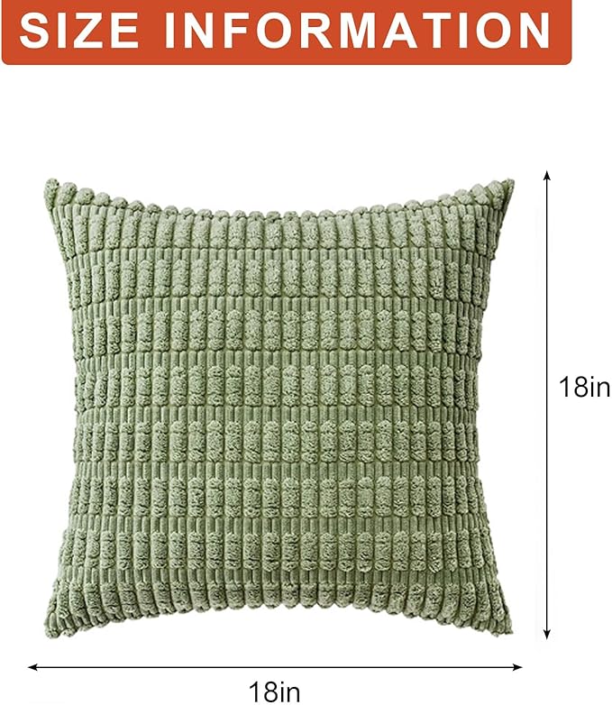 Pack of 2 Corduroy Decorative Throw Pillow Covers 18x18 InchSoft Boho Striped Pillow Covers Modern Farmhouse Home Decor for Sofa Living Room Couch Bed（Sage Green）