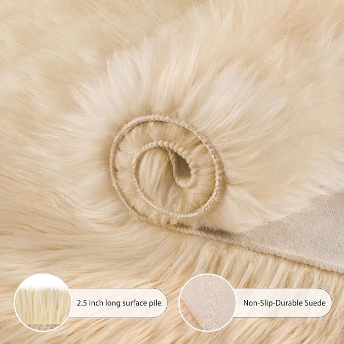 Ciicool Ultra Soft Faux Sheepskin Fur Rug Fluffy Rug for Bedroom Fuzzy Carpet for Living Room Kid's Room Nursery Decor, Beige 2 x 6 Feet